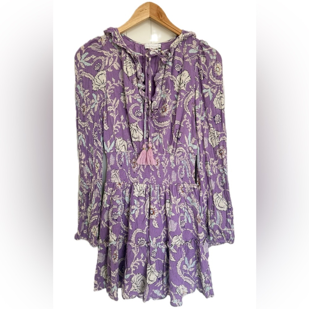 House of Harlow 1960 Purple Paisley Boho Smocked Ruffle Mini Dress XS